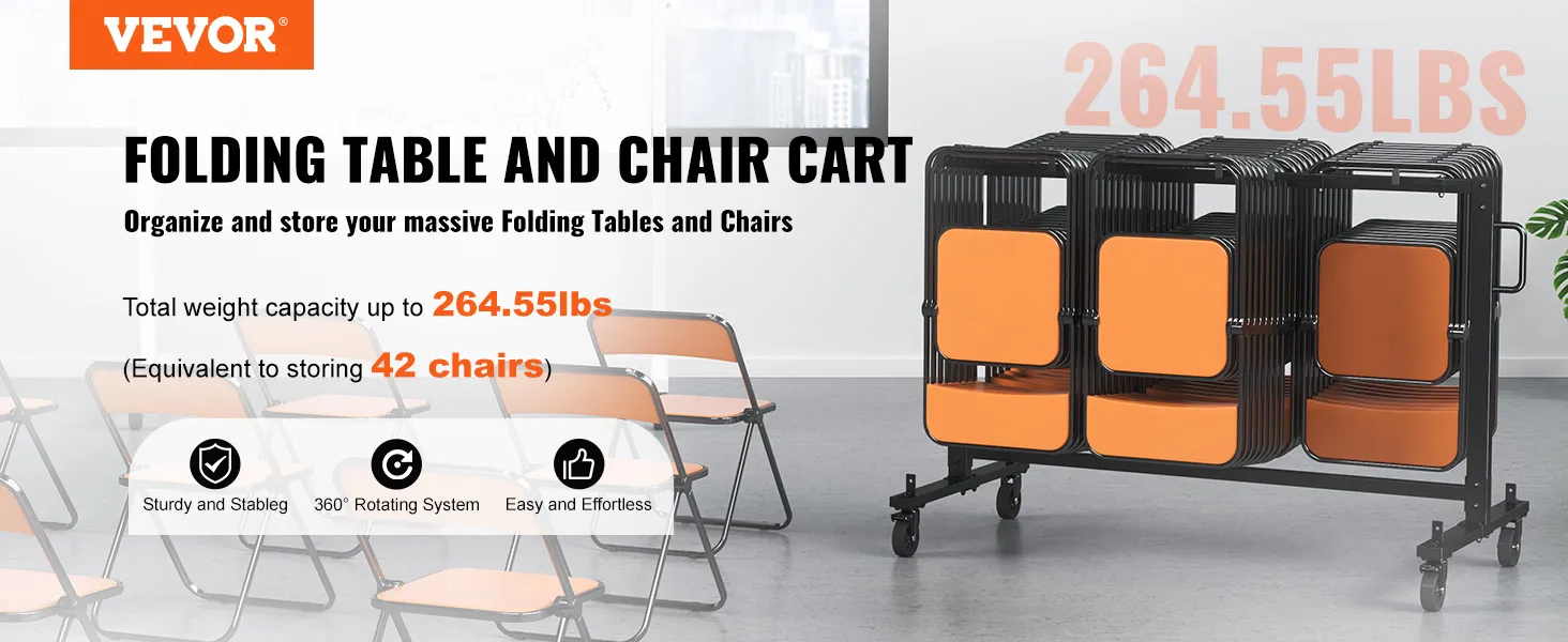 Carrito para silla plegable VEVOR con capacidad de 264,55 libras, que puede almacenar hasta 42 sillas, presenta un diseño resistente y una rotación de 360°.