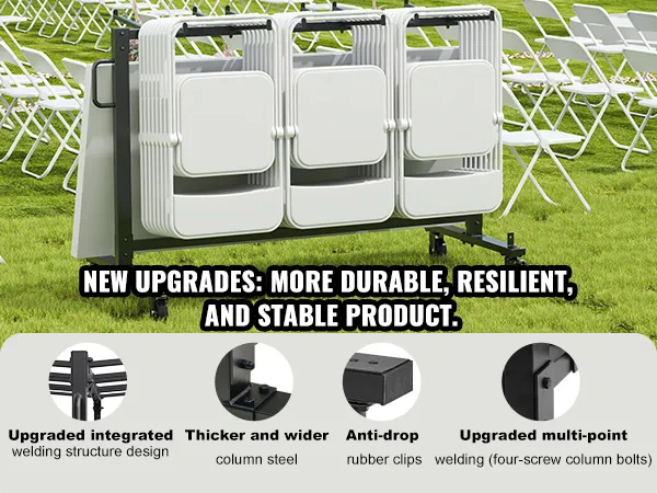 VEVOR folding chair cart displaying new upgrades for durability, including wider steel and anti-drop clips.