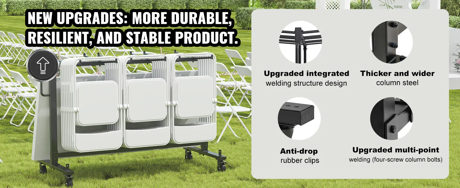 VEVOR folding chair cart displaying new upgrades for durability, including wider steel and anti-drop clips.