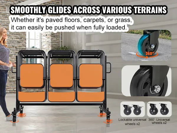 VEVOR folding chair cart with lockable 360° wheels, stable across various terrains.