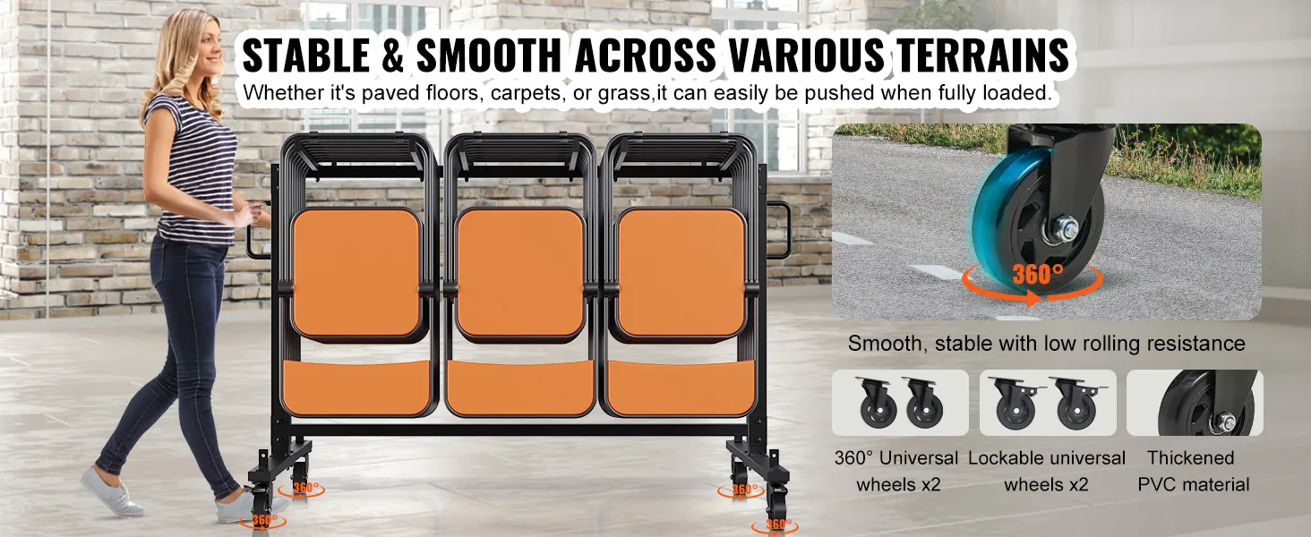 VEVOR folding chair cart with lockable 360° wheels, stable across various terrains.