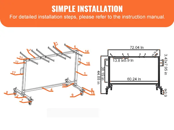 VEVOR folding chair cart; diagram with labeled parts and dimensions for simple installation.