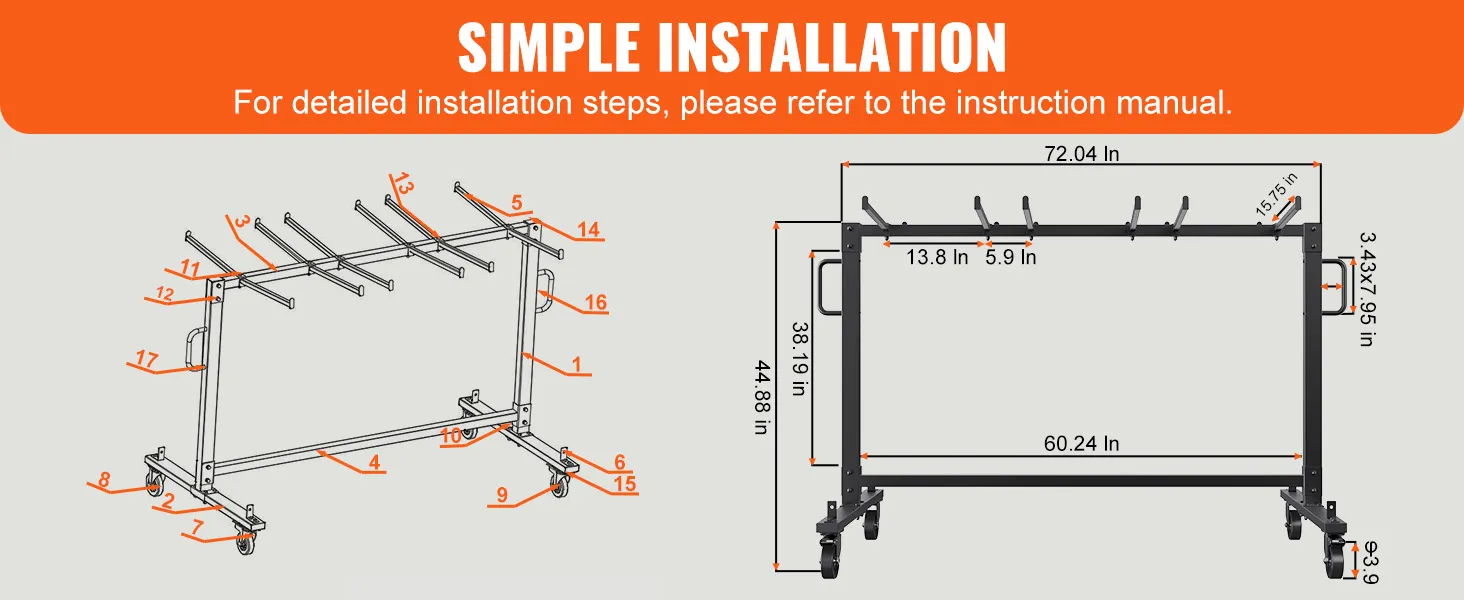 VEVOR folding chair cart; diagram with labeled parts and dimensions for simple installation.