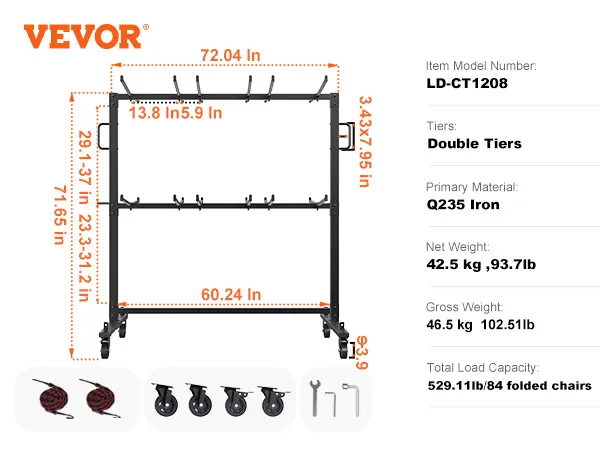 VEVOR folding chair cart dimensions, double tiers, q235 iron, 529.11lb capacity, matte black finish.