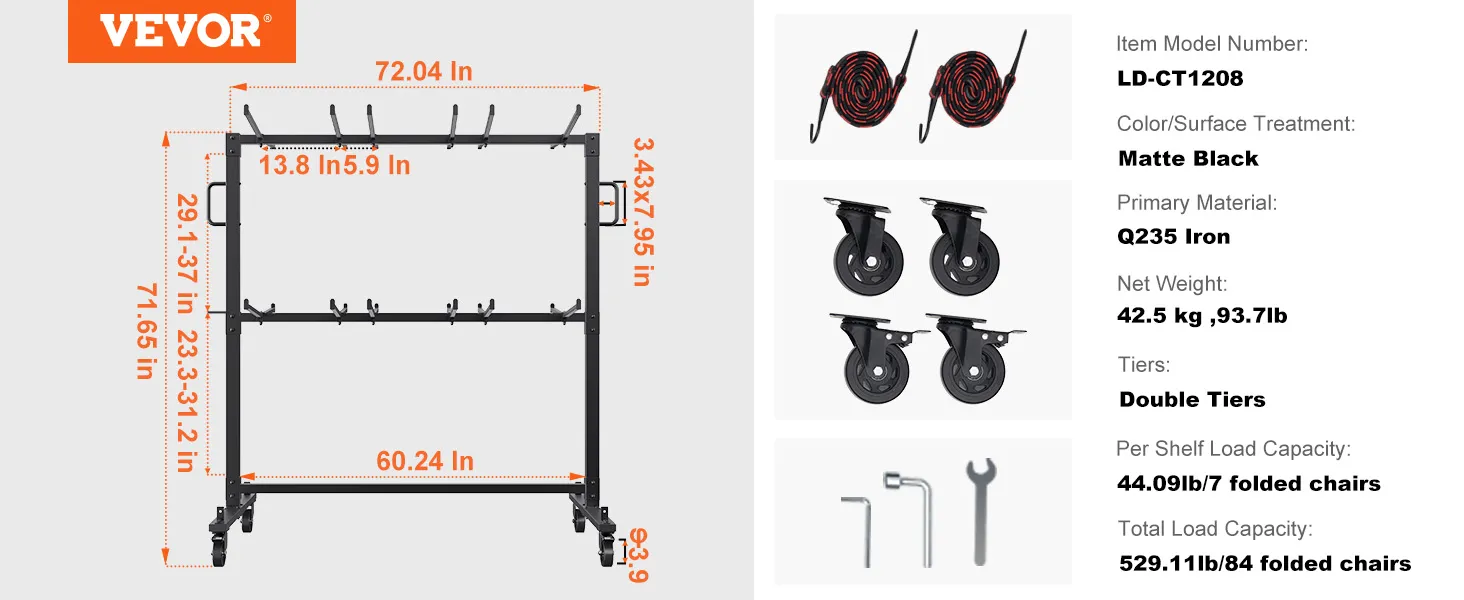 VEVOR folding chair cart dimensions, double tiers, q235 iron, 529.11lb capacity, matte black finish.
