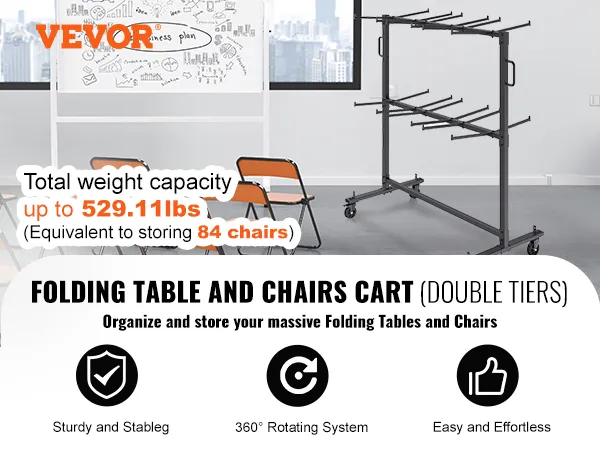 VEVOR folding chair cart holds up to 529.11 lbs (84 chairs), with sturdy, stable, and 360° rotating system.