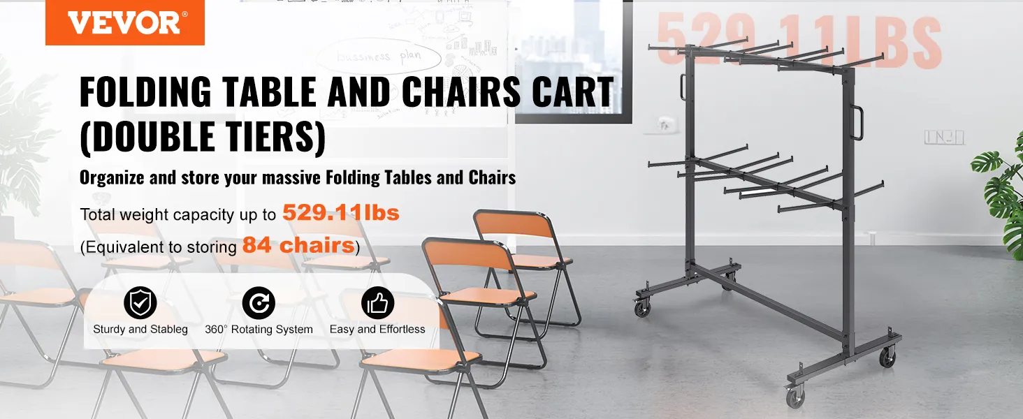 VEVOR folding chair cart holds up to 529.11 lbs (84 chairs), with sturdy, stable, and 360° rotating system.
