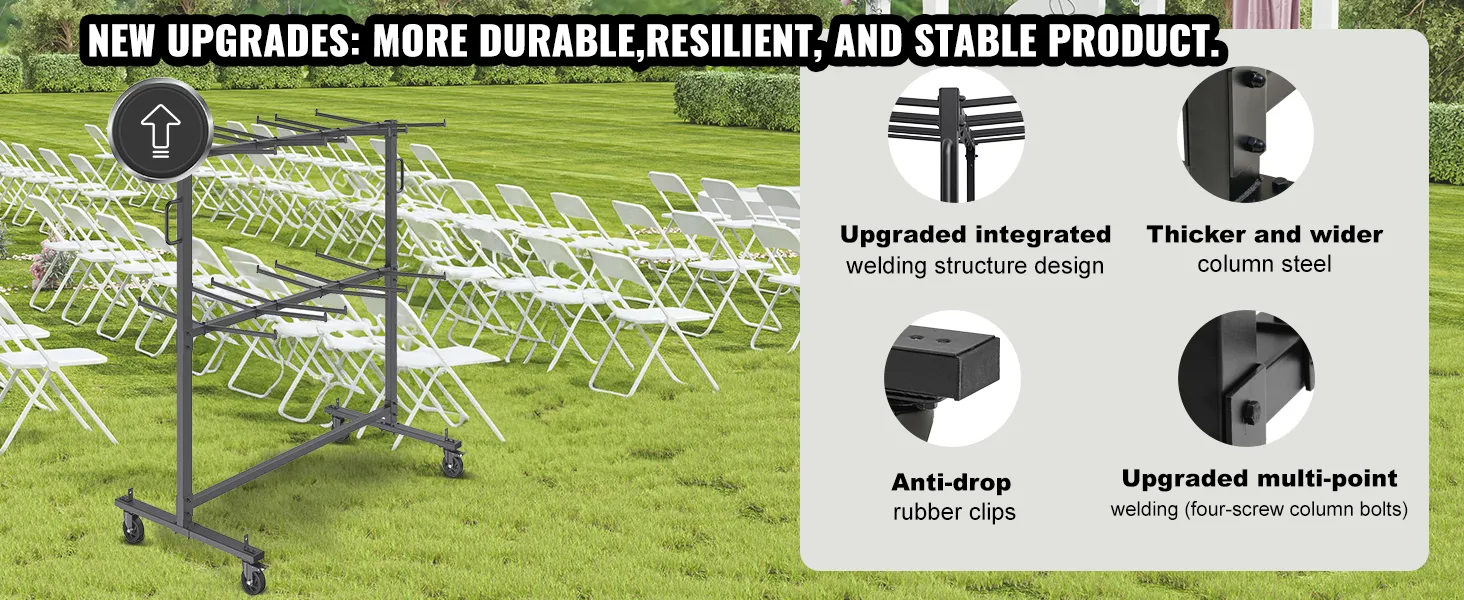 VEVOR folding chair cart with upgraded structure, durable column steel, and anti-drop rubber clips.