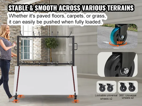 woman pushing a fully loaded VEVOR folding chair cart with 360° wheels, moving smoothly on various surfaces.