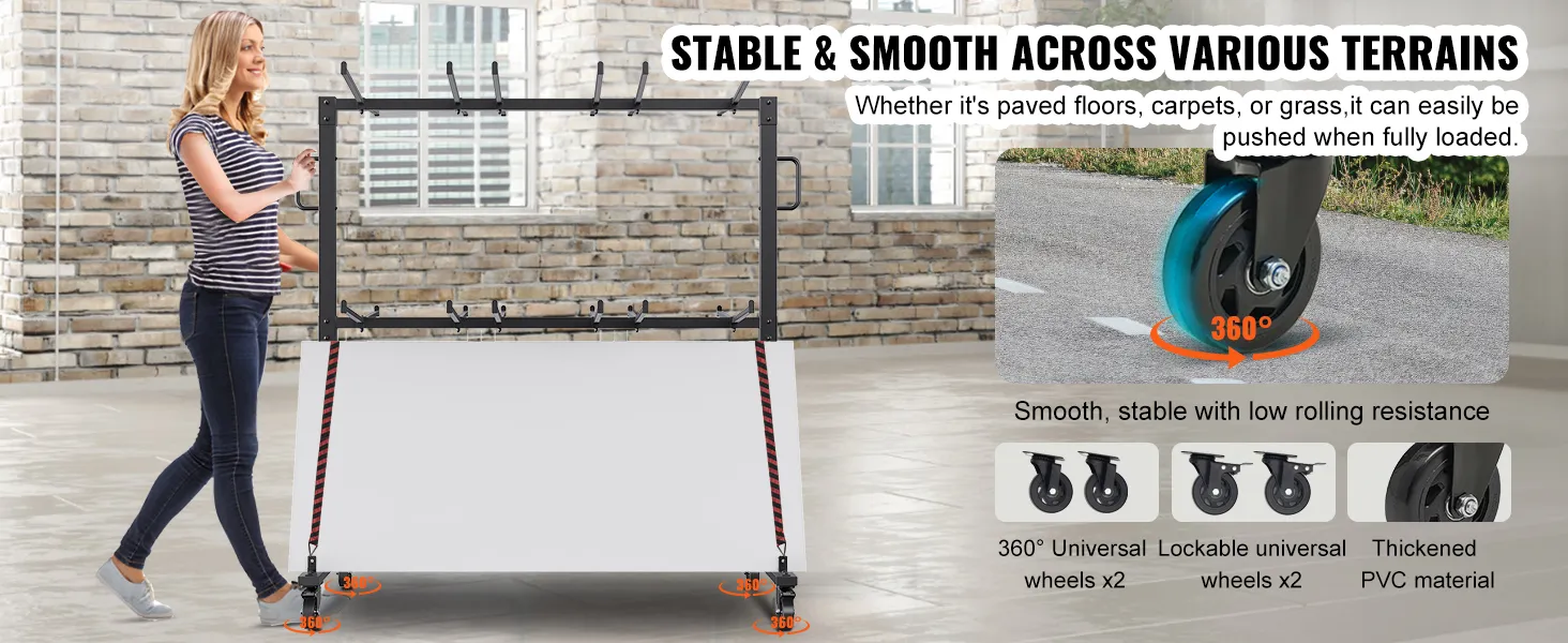 woman pushing a fully loaded VEVOR folding chair cart with 360° wheels, moving smoothly on various surfaces.