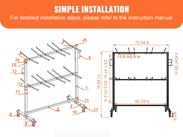 VEVOR folding chair cart assembly diagram with dimensions in inches, showcasing labeled parts and installation steps.