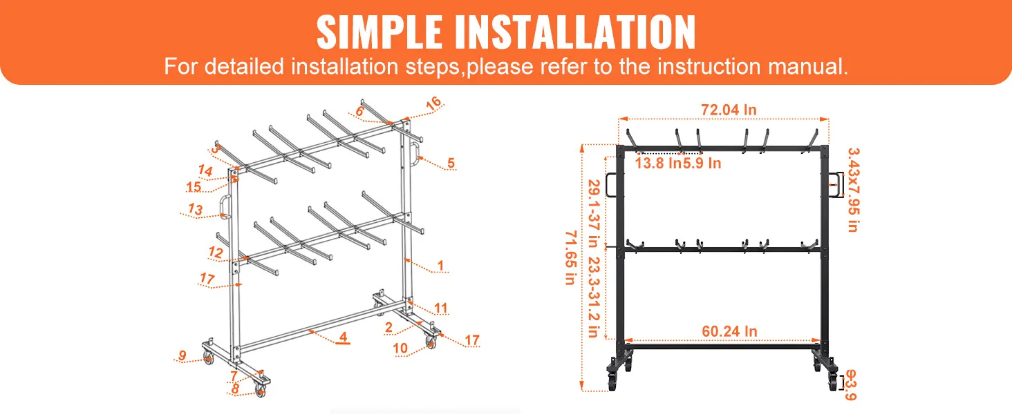 VEVOR folding chair cart assembly diagram with dimensions in inches, showcasing labeled parts and installation steps.