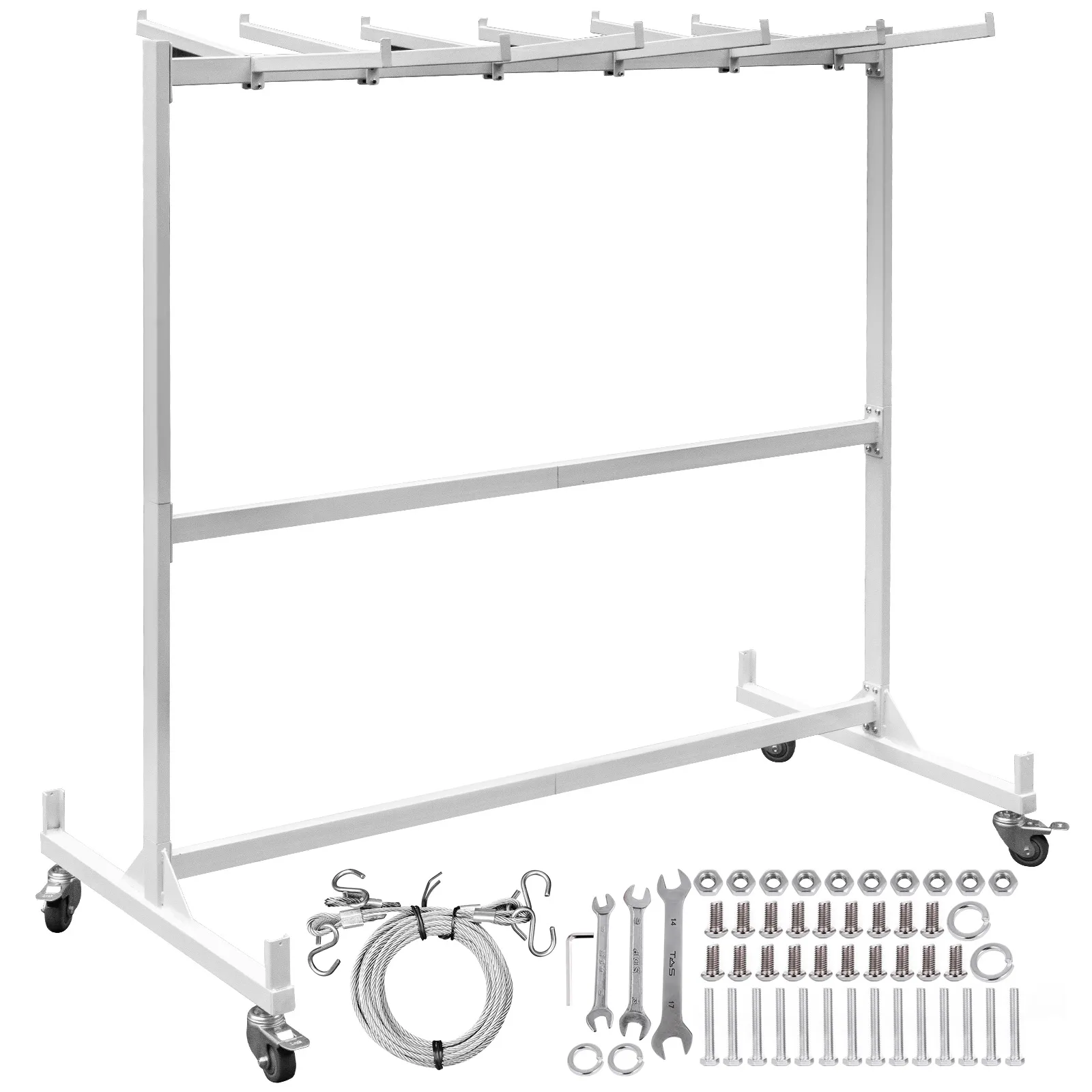 VEVOR folding chair and table cart with assembly tools and parts on white background.