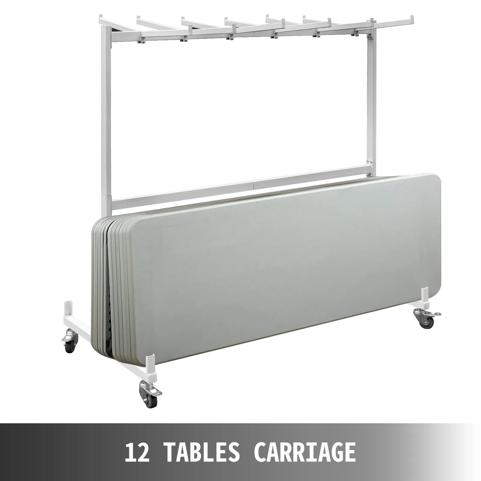 VEVOR folding chair and table cart with wheels holds multiple tables for easy transport.