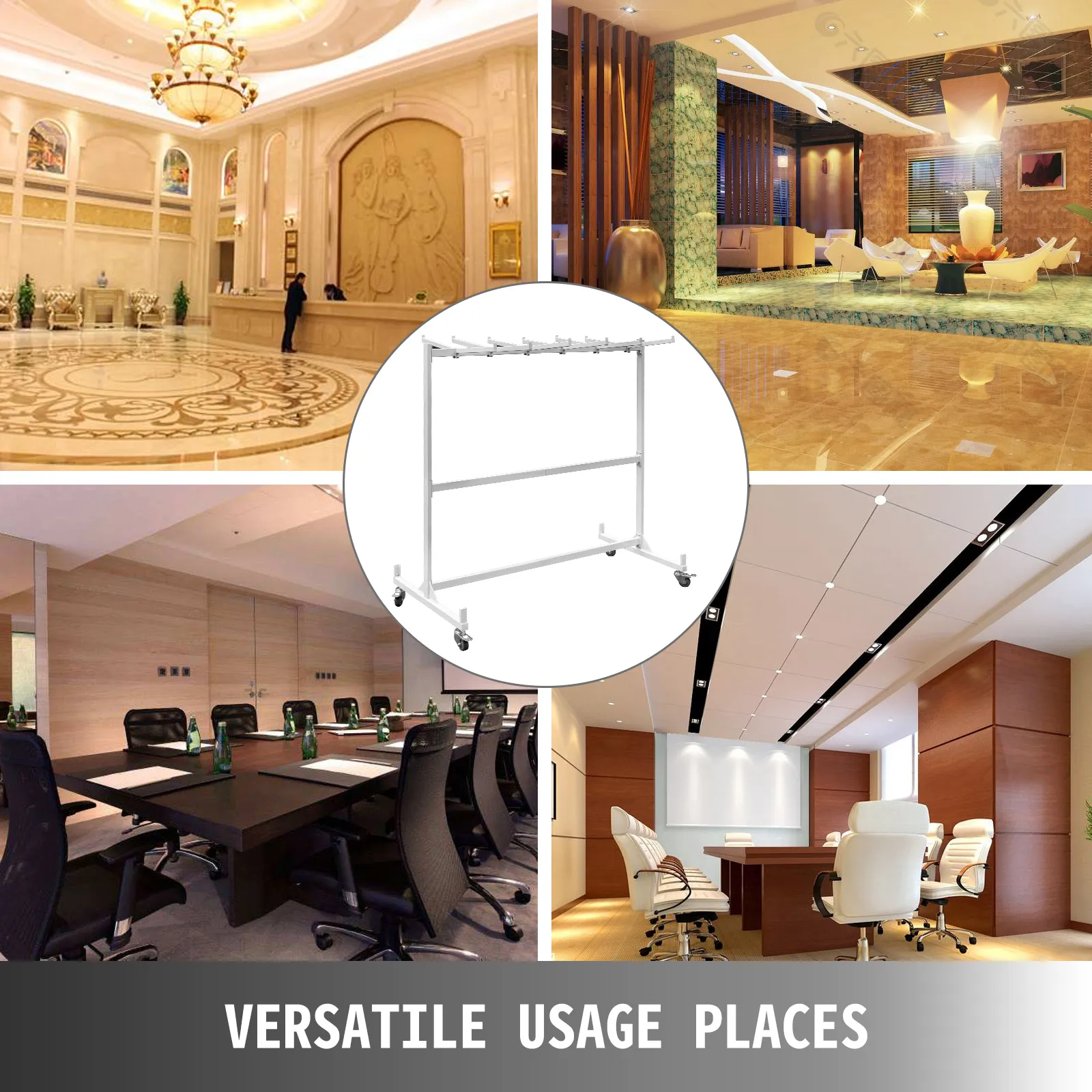 VEVOR folding chair and table cart shown in various versatile usage places.