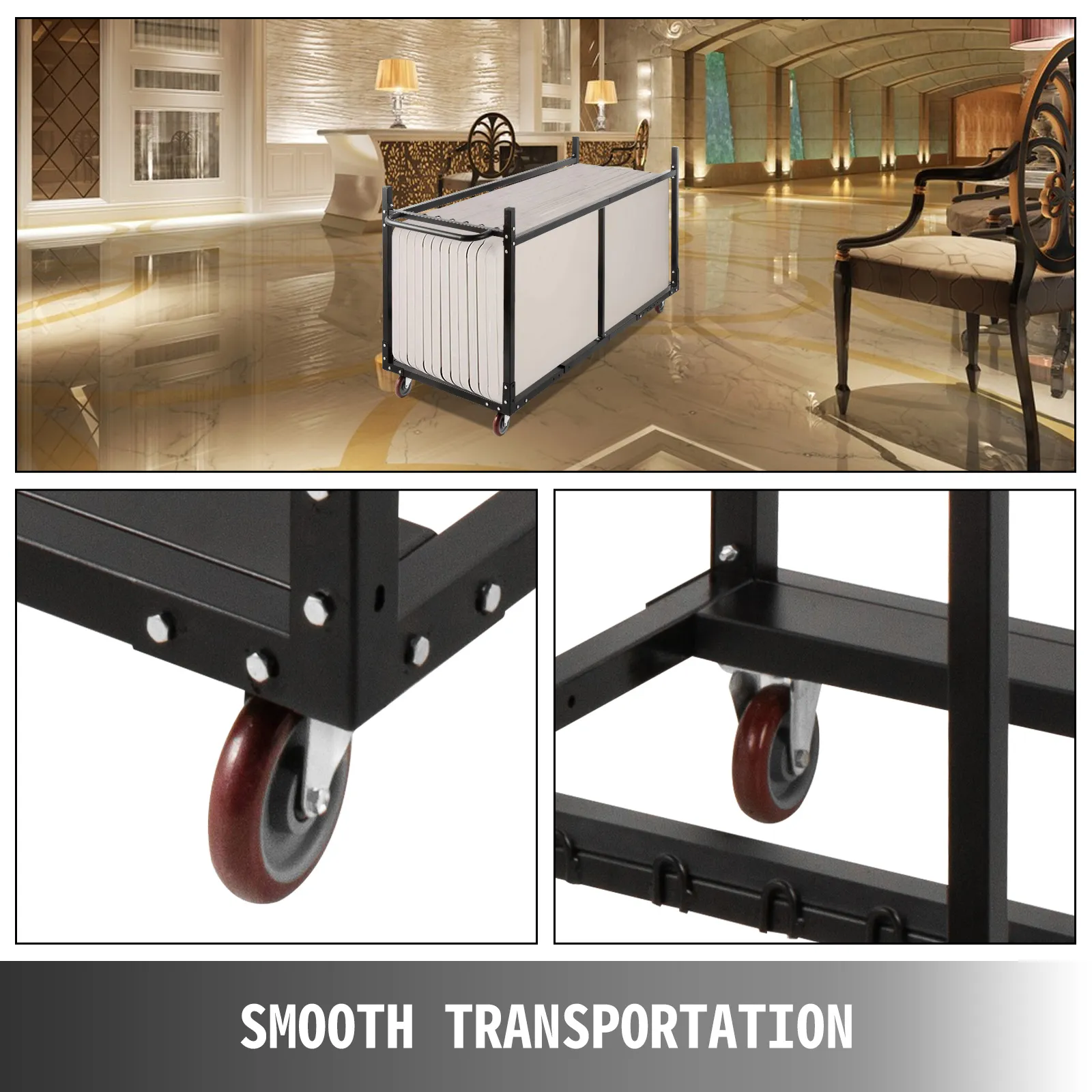VEVOR chair and table dolly in elegant hall with smooth-rolling wheels.