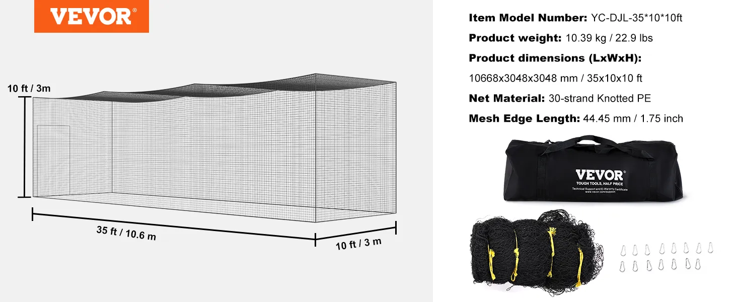 Red de bateo de béisbol VEVOR, dimensiones de 35 x 10 x 10 pies, PE anudado de 30 hebras, bolsa de transporte negra incluida.