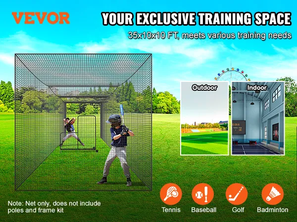 Instalación de red de bateo de béisbol VEVOR en un campo verde al aire libre con opciones de espacio de entrenamiento.