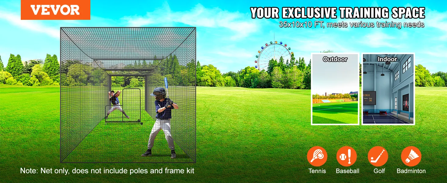 Instalación de red de bateo de béisbol VEVOR en un campo verde al aire libre con opciones de espacio de entrenamiento.