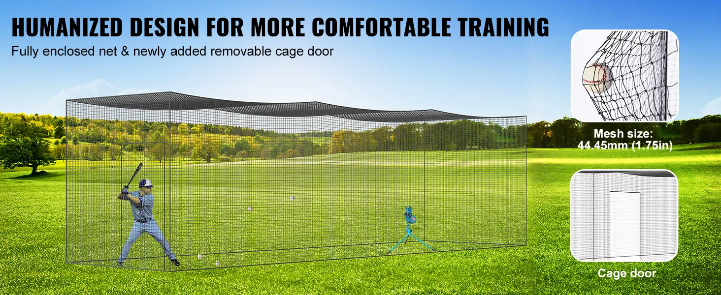Red de bateo de béisbol VEVOR con red completamente cerrada y puerta de jaula extraíble para un entrenamiento cómodo.