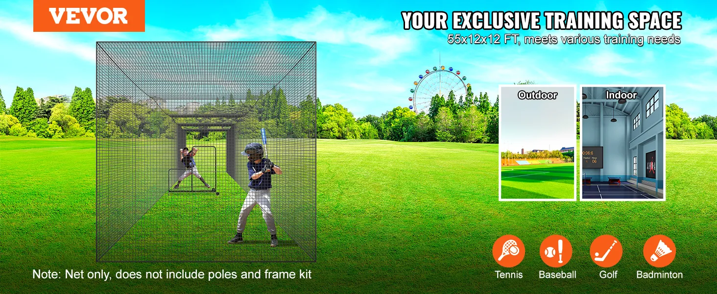 Red de bateo de béisbol VEVOR para entrenamiento, adecuada para uso en interiores y exteriores, tamaño 55x12x12 pies.