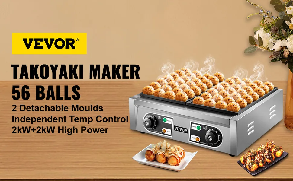 Máquina para hacer takoyaki VEVOR con 56 bolas, control de temperatura dual y alta potencia.