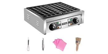 Máquina para hacer takoyaki VEVOR con accesorios que incluyen palillo, brocheta, paños y cepillo.