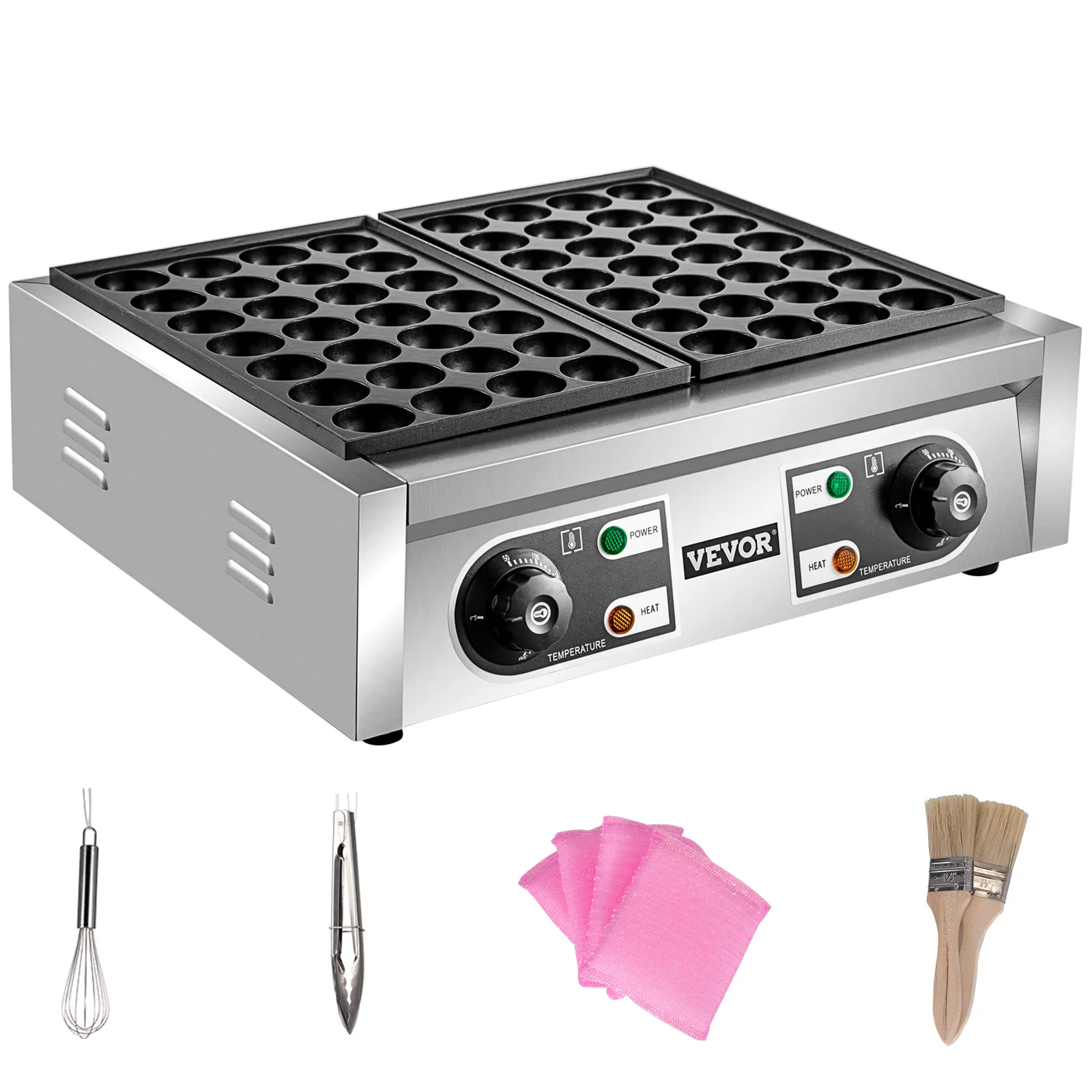 Máquina para hacer takoyaki VEVOR, acero inoxidable con accesorios: batidor, pinzas, paños, cepillos.