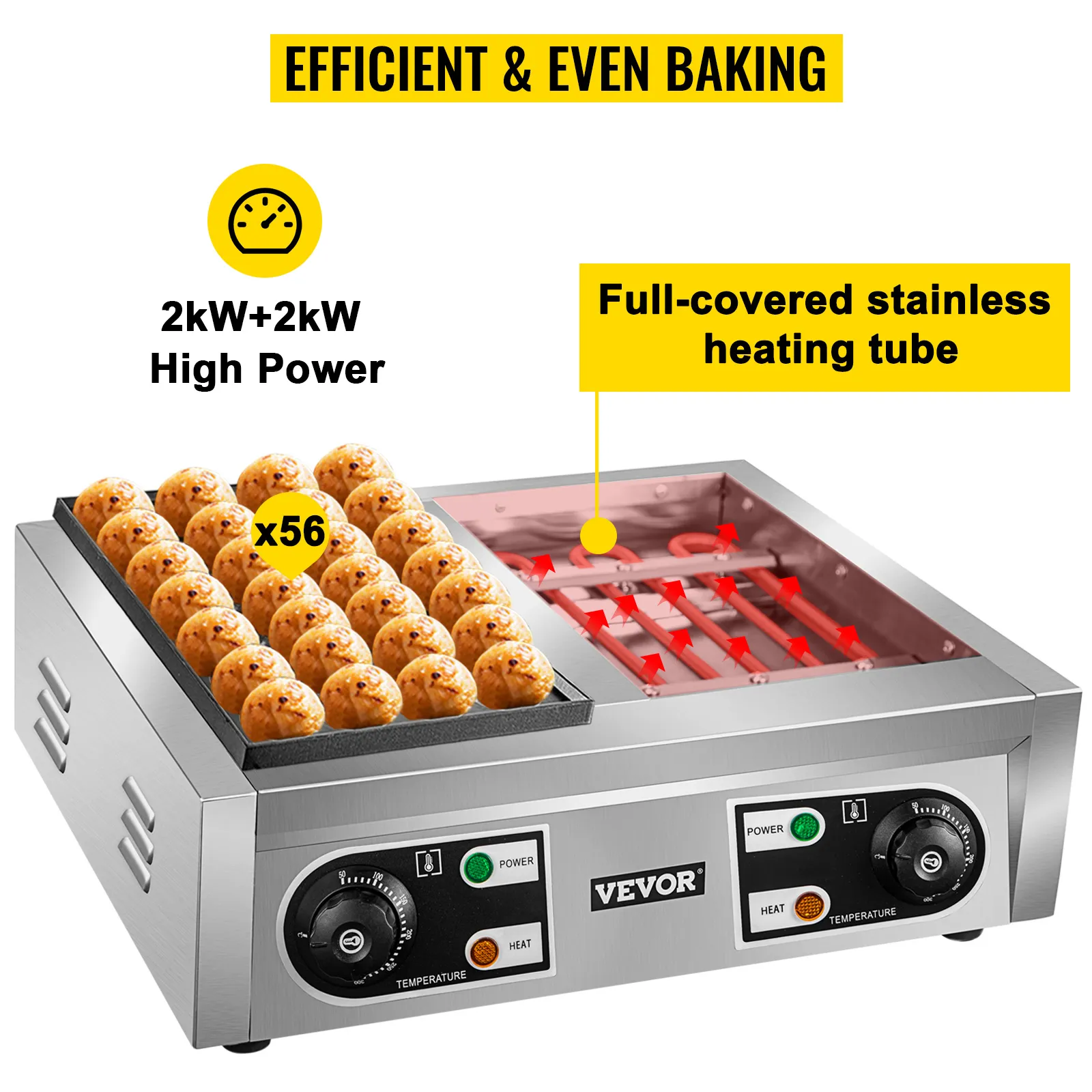 Máquina para hacer takoyaki VEVOR con 56 moldes, alta potencia de 2kw + 2kw y tubo de calentamiento de acero inoxidable.