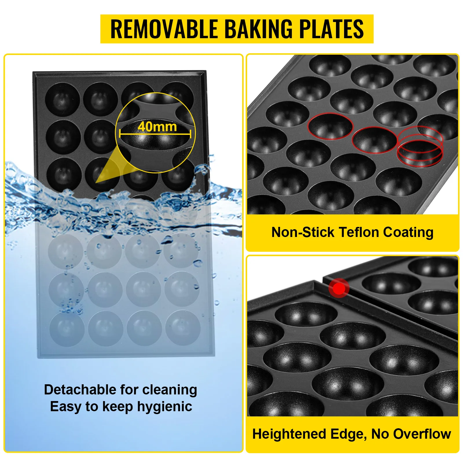 Máquina para hacer takoyaki VEVOR con placas para hornear antiadherentes extraíbles para una fácil limpieza.