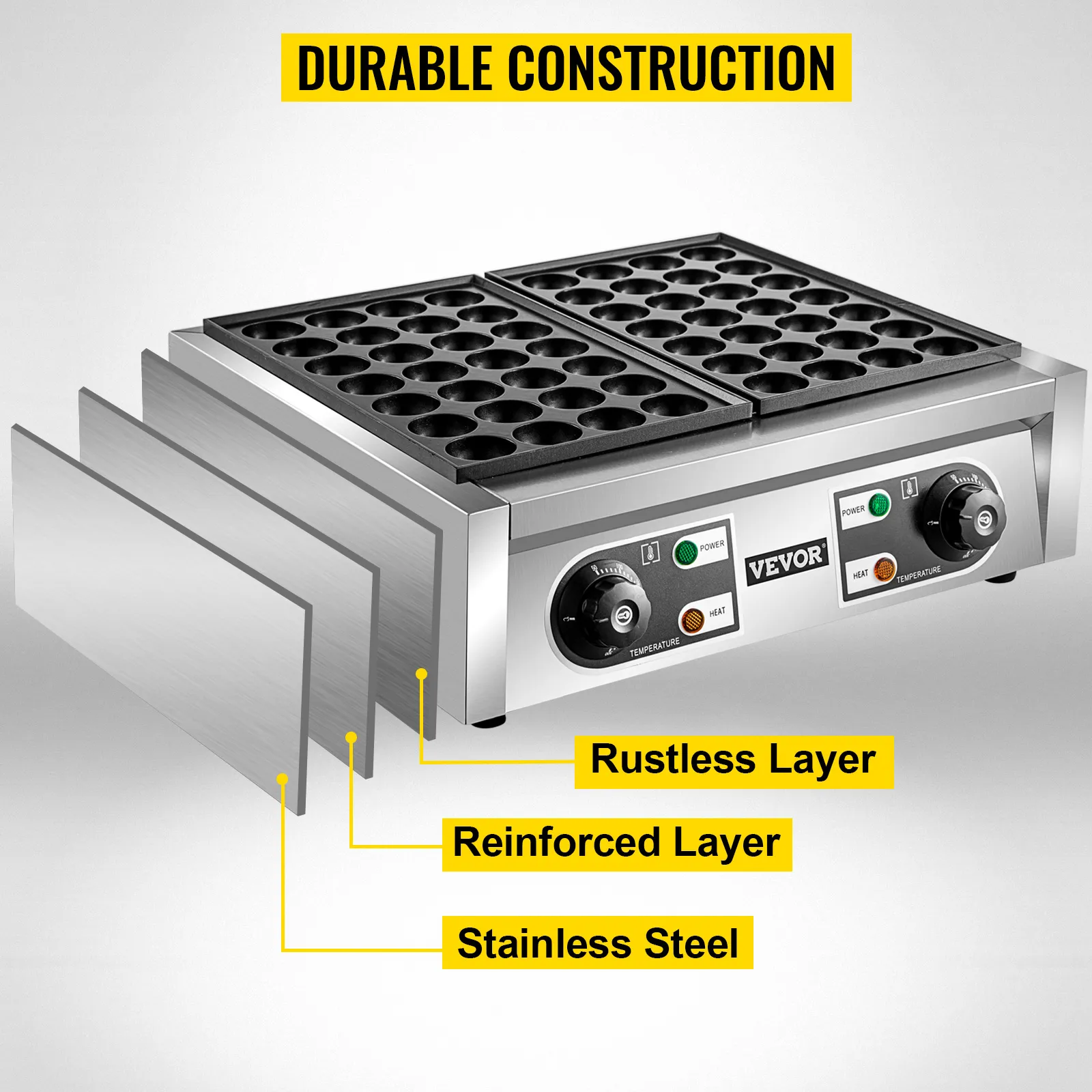 Máquina para hacer takoyaki VEVOR con construcción duradera, capa inoxidable y acero inoxidable.