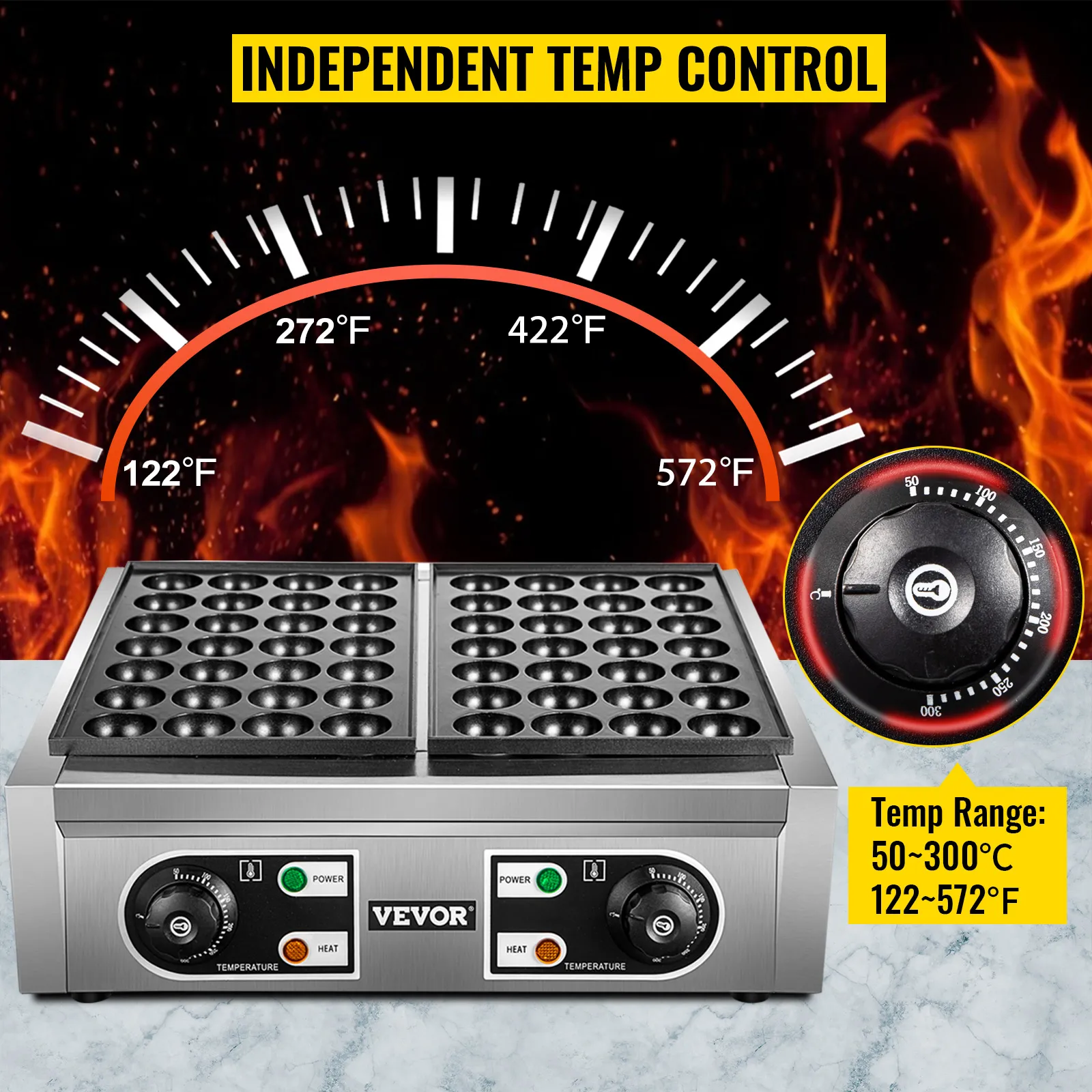 Máquina para hacer takoyaki VEVOR con controles de temperatura independientes, rango de 122 a 572 °F.
