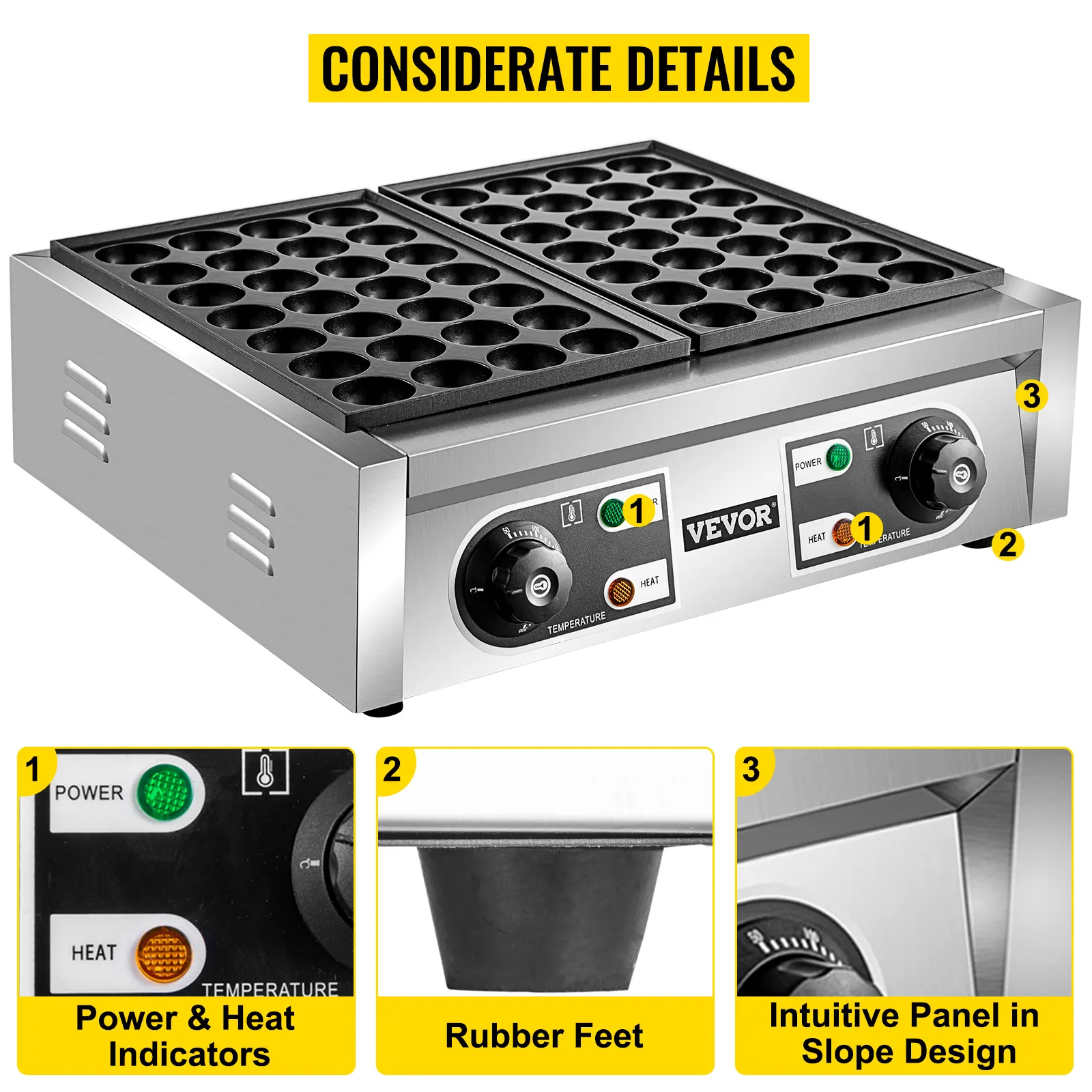 Máquina para hacer takoyaki VEVOR con indicadores de potencia y calor, patas de goma y panel intuitivo.