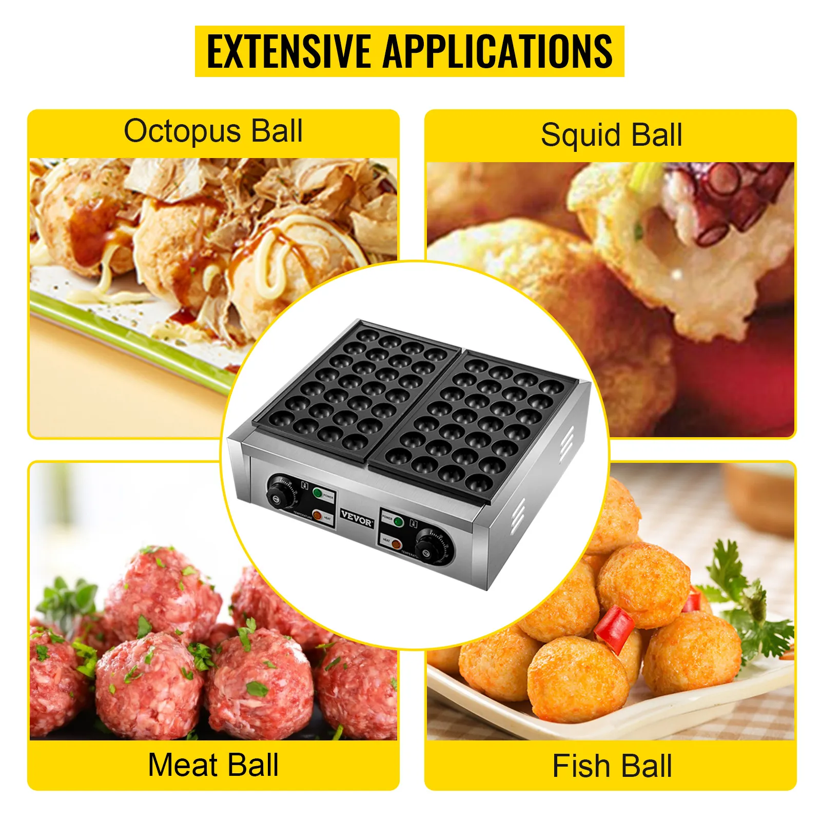 Máquina para hacer takoyaki VEVOR para albóndigas de pulpo, calamar, carne y pescado. Amplias aplicaciones.