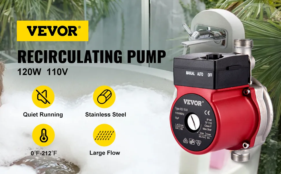 Bomba de recirculación de agua caliente VEVOR de funcionamiento silencioso, acero inoxidable y gran caudal.