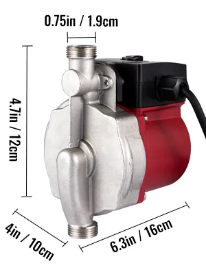 Dimensiones de la bomba de recirculación de agua caliente VEVOR: 4,7 pulgadas x 6,3 pulgadas x 4 pulgadas con entrada de 0,75 pulgadas.