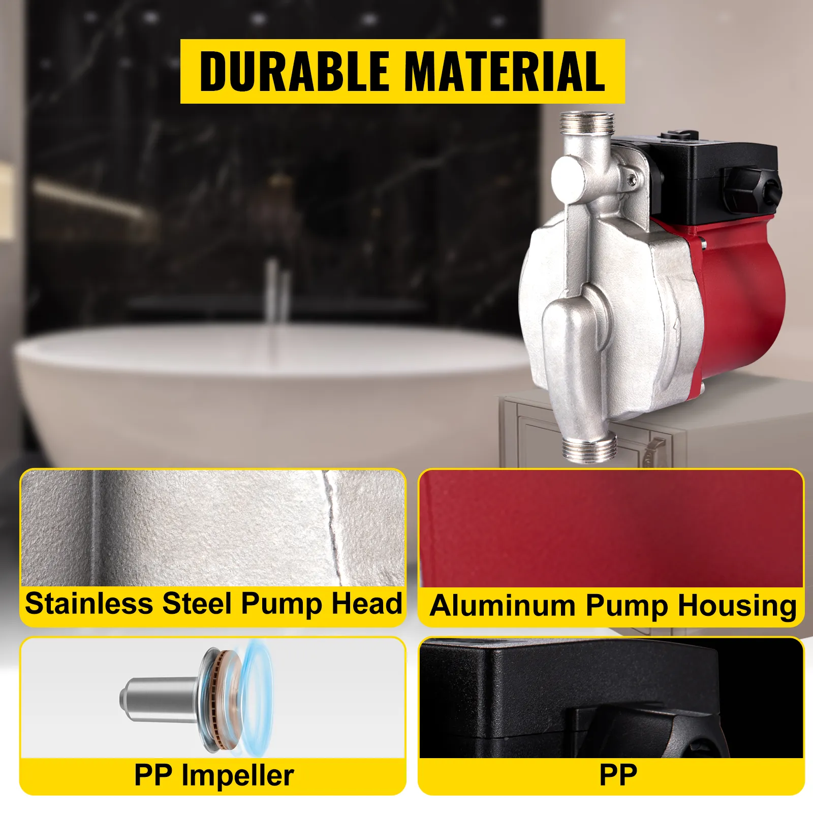 Bomba de recirculación de agua caliente VEVOR con cabezal de acero inoxidable y carcasa de aluminio.