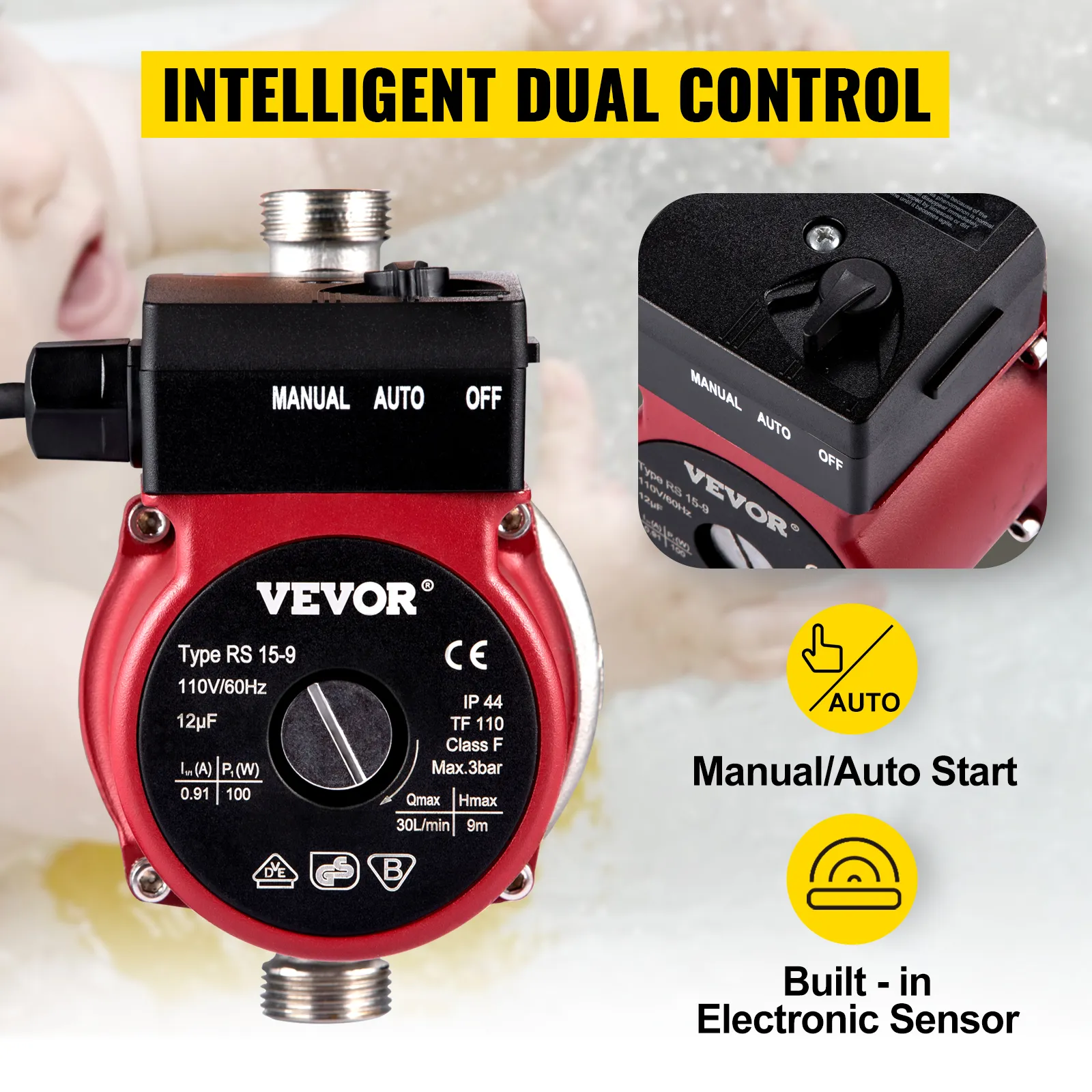 Bomba de recirculación de agua caliente VEVOR con control dual inteligente y arranque manual/automático.