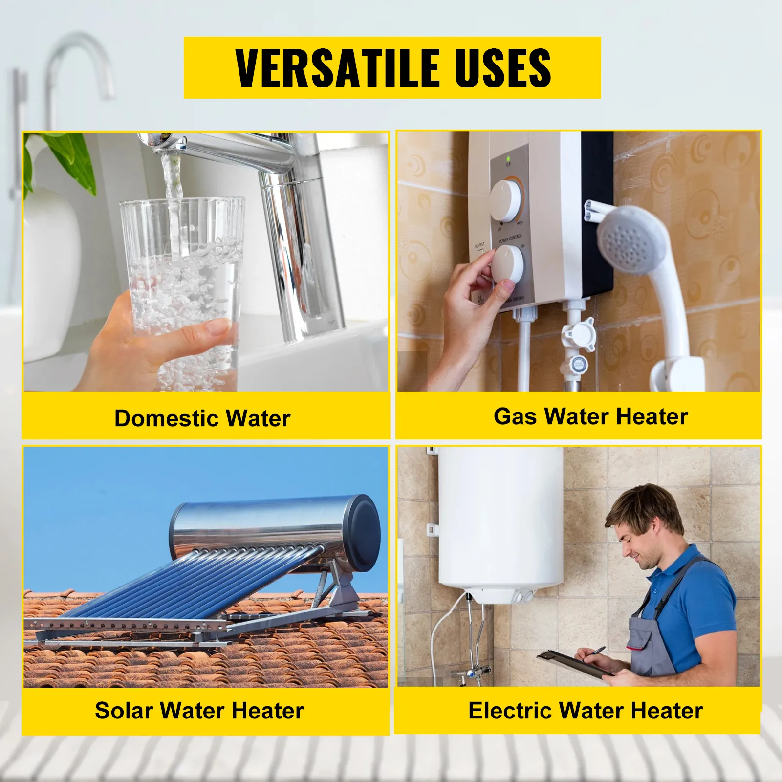 Usos de la bomba de recirculación de agua caliente VEVOR: agua doméstica, gas, energía solar, calentadores eléctricos.