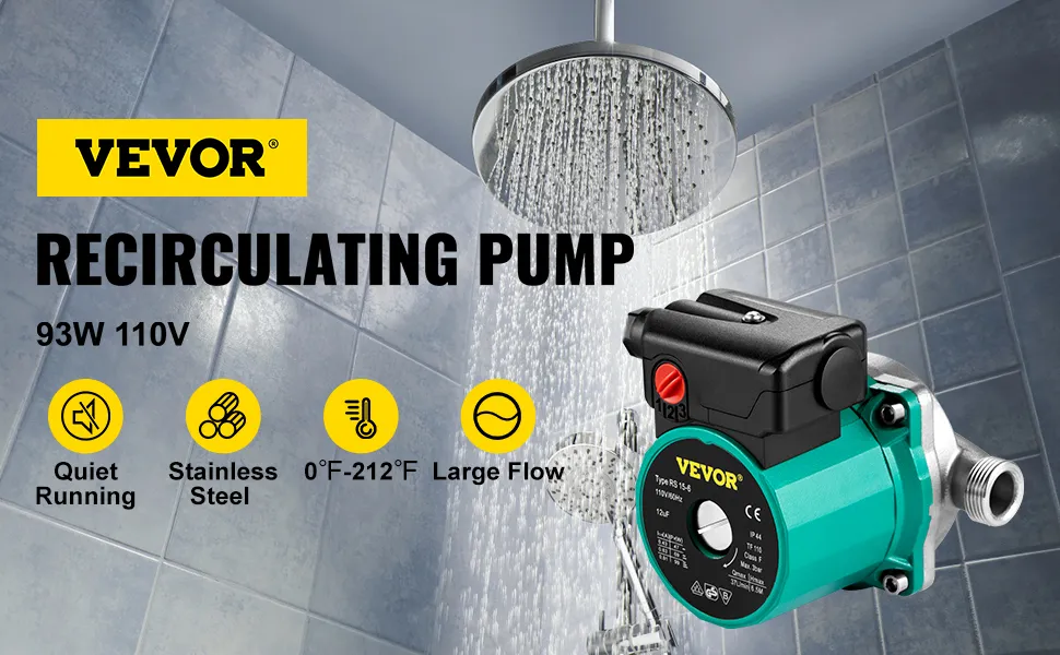 Bomba de recirculación de agua caliente VEVOR, funcionamiento silencioso, acero inoxidable, 93w 110v, ducha.