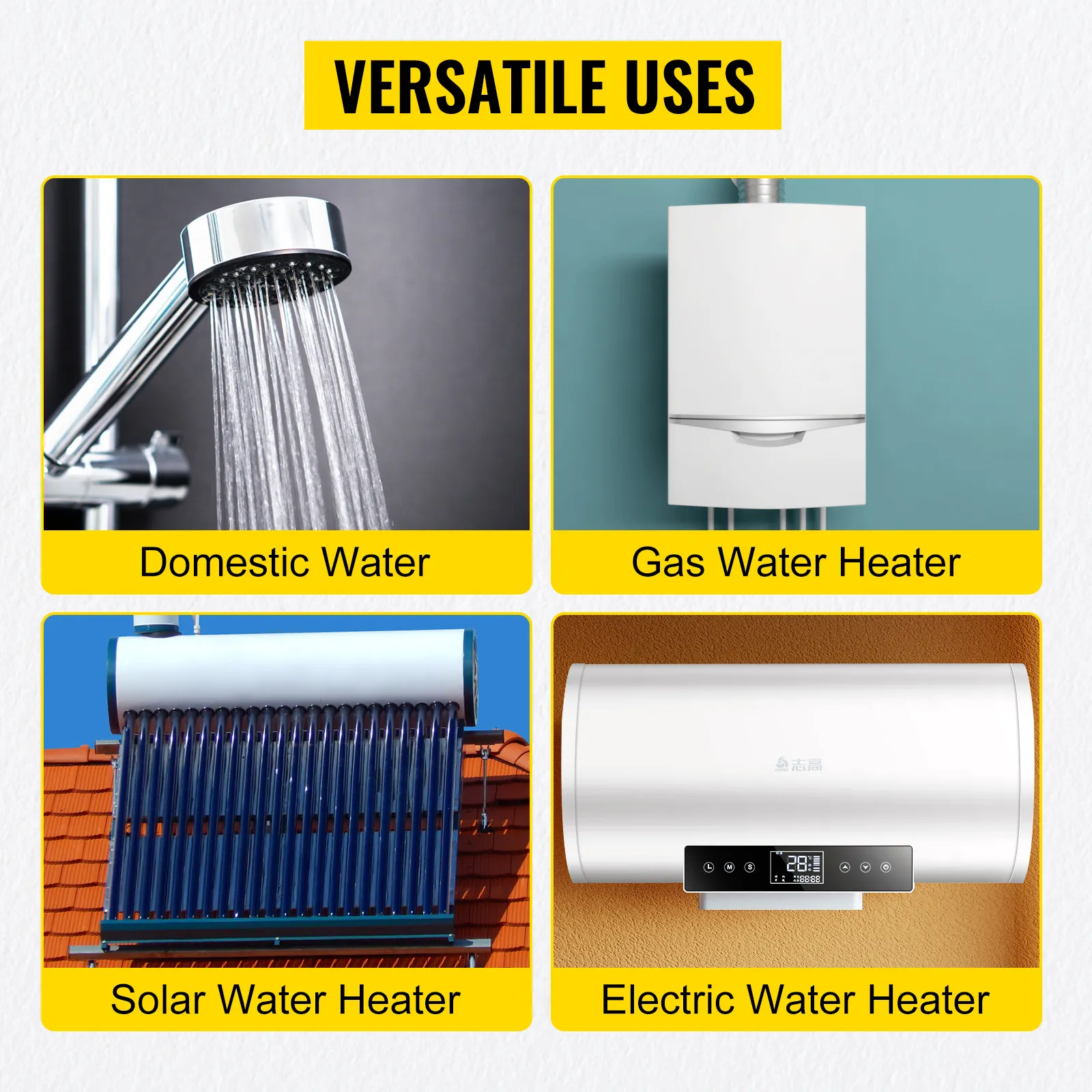 Usos versátiles de la bomba de recirculación de agua caliente VEVOR: doméstico, gas, solar, eléctrico.