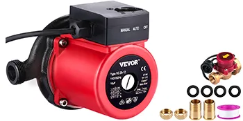 Bomba de recirculación de agua caliente VEVOR con accesorios y conexiones en diseño rojo y negro.