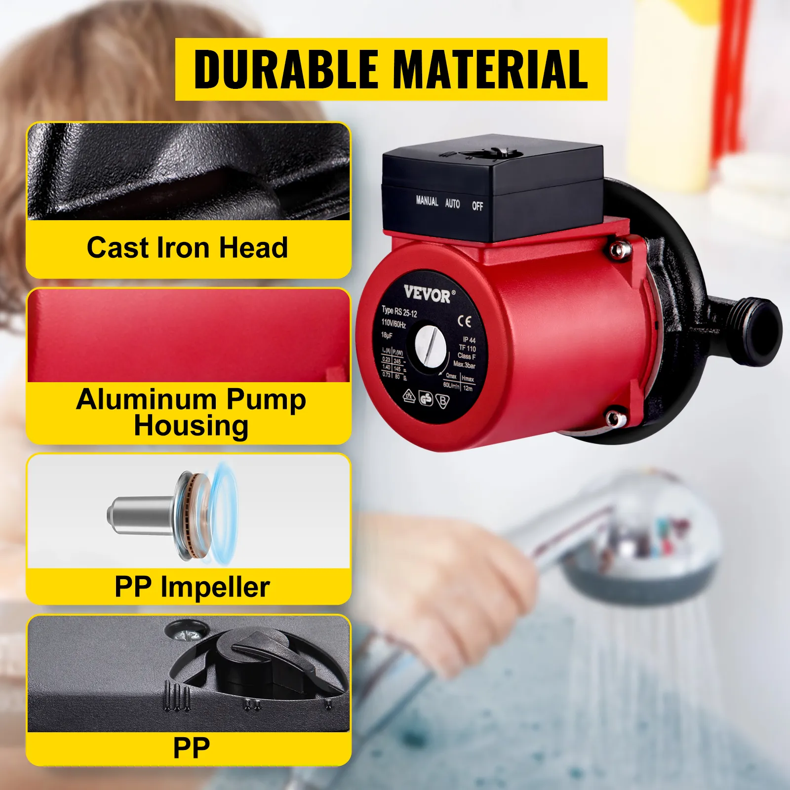 Bomba de recirculación de agua caliente VEVOR con cabezal de hierro fundido, carcasa de aluminio, impulsor de pp.