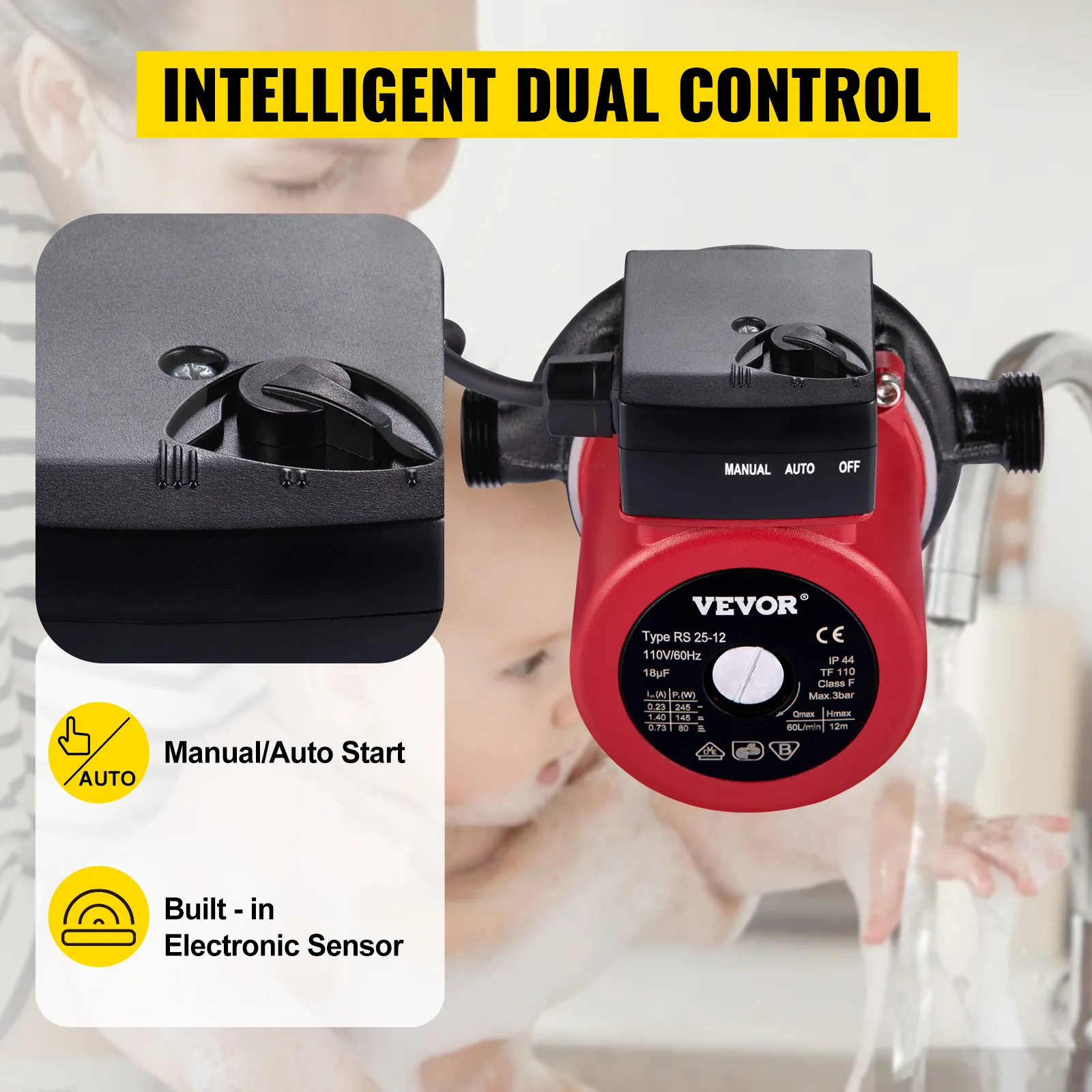 Bomba de recirculación de agua caliente VEVOR con control dual inteligente y sensor electrónico.