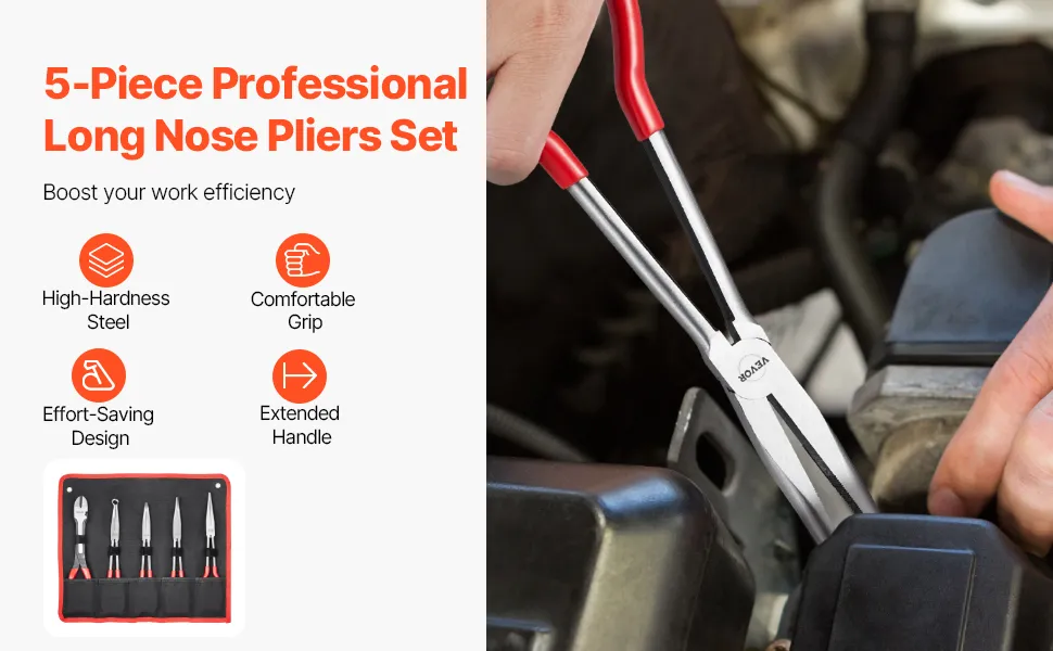 VEVOR 5-Piece Needle Nose Pliers, 11 in Long Needle Nose Pliers Set, Diagonal Cutting Pliers, 45°/ 90° Bent Nose Plier, Round Nose Plier, Long Nose Plier, Professional Pliers Set with Storage Bag