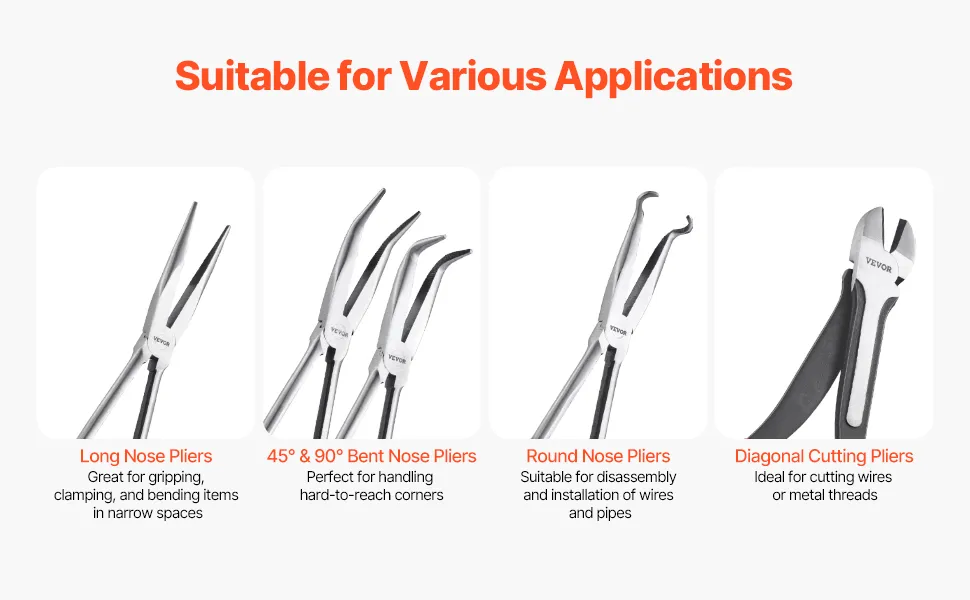 VEVOR 5-Piece Needle Nose Pliers, 11 in Long Needle Nose Pliers Set, Diagonal Cutting Pliers, 45°/ 90° Bent Nose Plier, Round Nose Plier, Long Nose Plier, Professional Pliers Set with Storage Bag