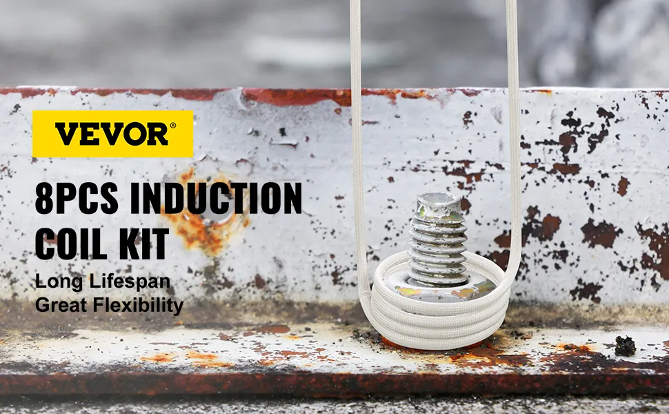 VEVOR induction heater 8pcs induction coil kit on rusted metal background.