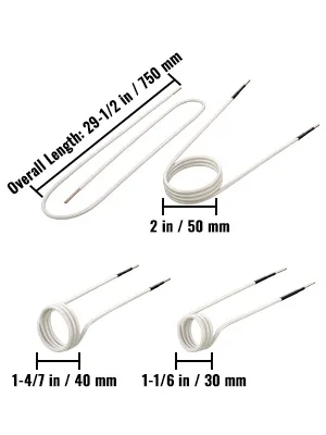 VEVOR induction heater coils with lengths: 750mm, 50mm, 40mm, and 30mm.