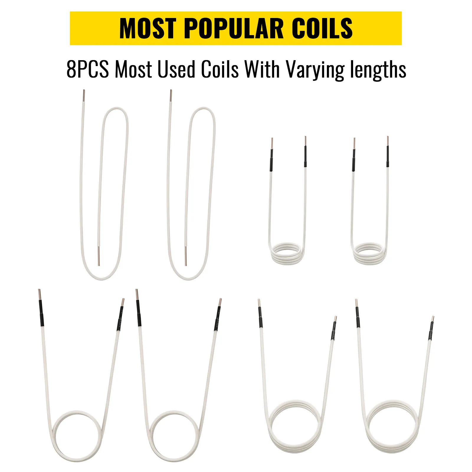 VEVOR induction heater coils set with 8 pieces of varying lengths.