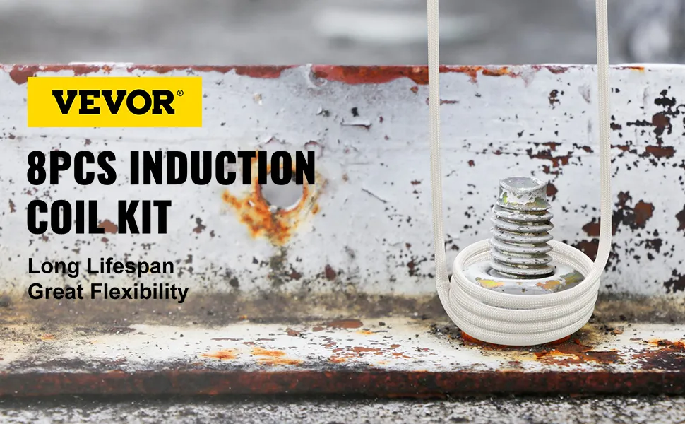VEVOR induction heater kit for nuts and bolts on a rusted metal surface.